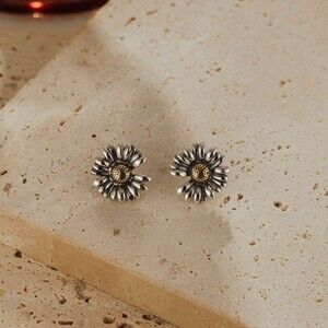 Sterling Silver Daisy Stud Earrings Two-Tone Vintage Museori